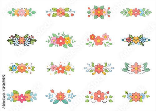 Collection with flowers and frames. Floral compositions, wreath. Ideal for decoration of invitations, texts, cards.Tropical flowers, leaves floral compositions set, isolated on white. Hand drawn vecto