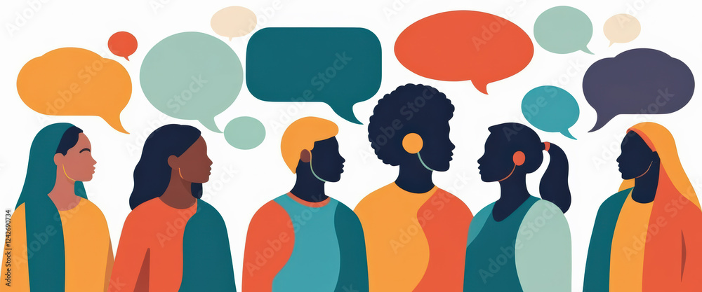 Obraz premium Painted banner representing the concept of communication across multiethnic peoples through the image of colored silhouette and speech bubbles. Multicultural dialogue, diversity, individuality, inclus