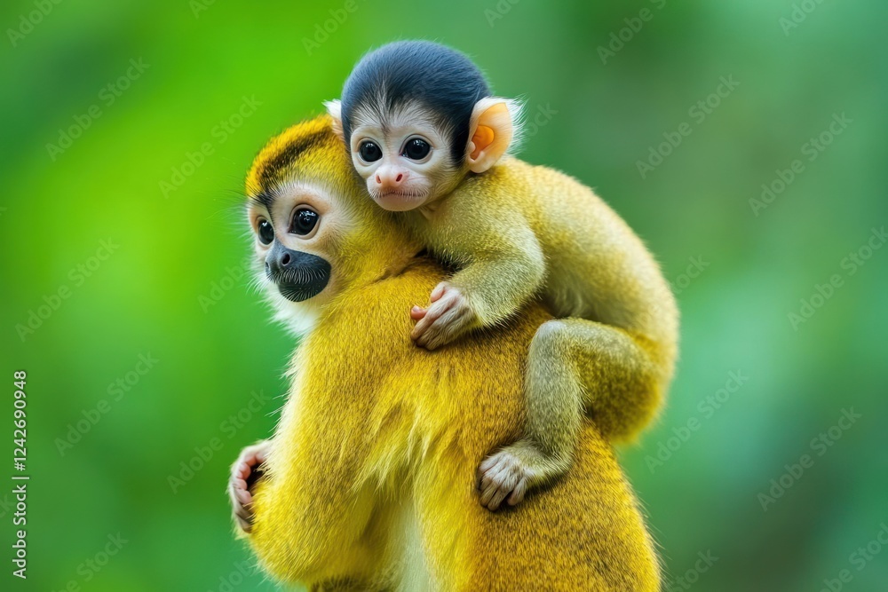 Fototapeta premium Adorable baby squirrel monkey clinging to its mother's back against a blurred green background.