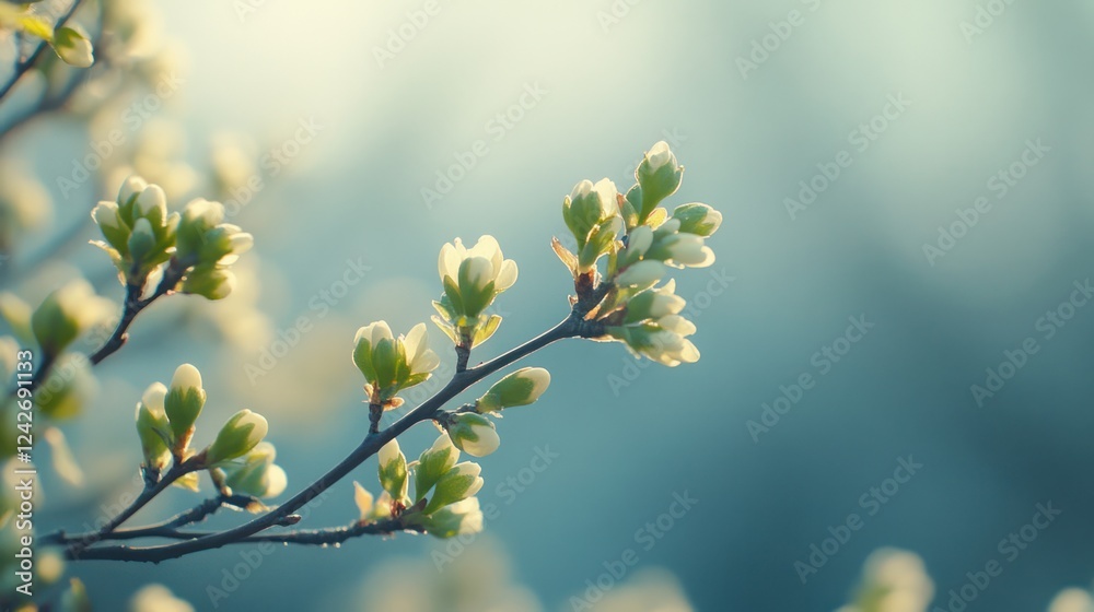Spring blossoms blooming, garden, sunrise, blurred background, website
