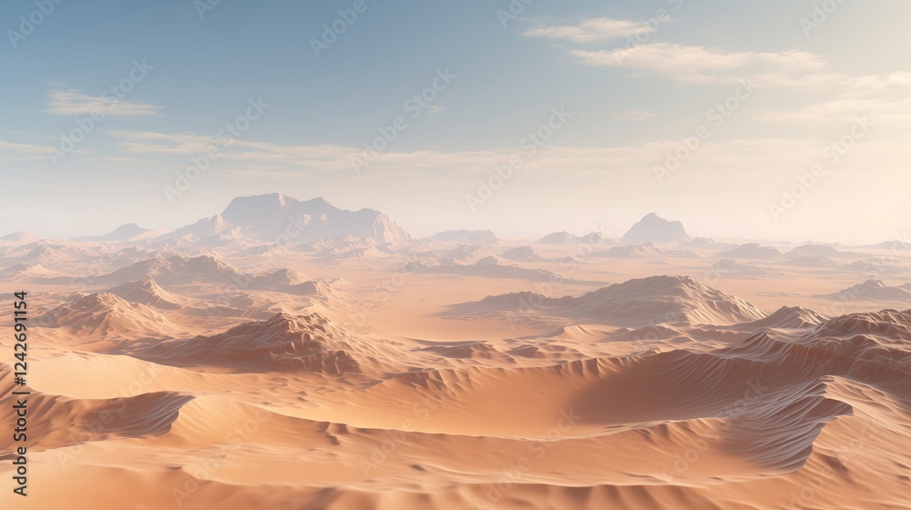 Naklejka premium 3D isometric panorama of the vast sand desert in Sinai, Egypt, with rolling dunes and clear skies, showcasing the beauty of Africa