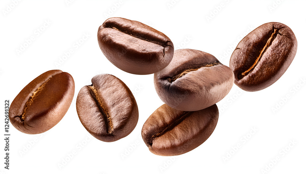 Close-up of roasted coffee beans piled together on a clean white background Close-up of roasted coffee beans piled together on a clean white background