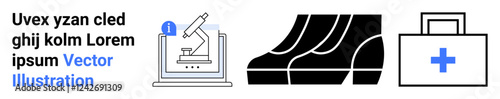 Microscope with information icon, three protective shoe soles, first aid kit with cross. Ideal for science, safety, healthcare, research, medical, workplace education flat landing page banner