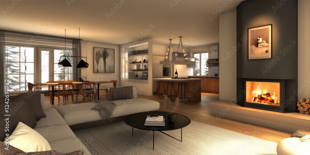 Fototapeta premium Modern Cozy Living Room with Fireplace and Winter View