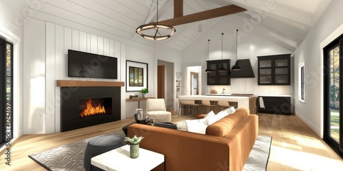 Modern Farmhouse Living Room Design With Fireplace And Kitchenette