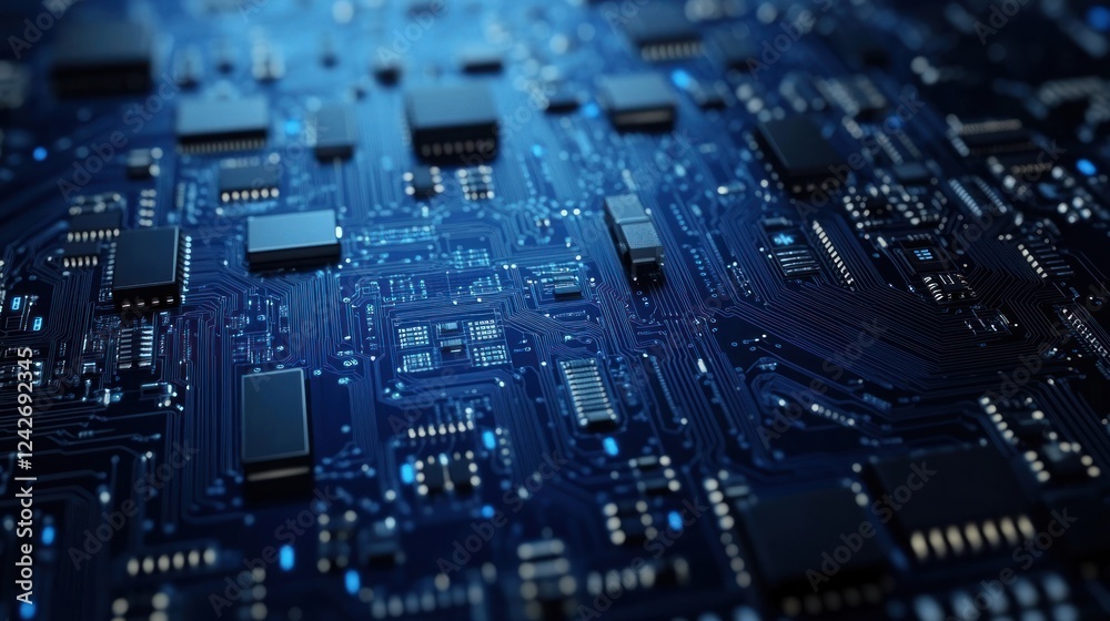 Close-up circuit board, blue light, tech background, digital concept Close-up circuit board, blue light, tech background, digital concept