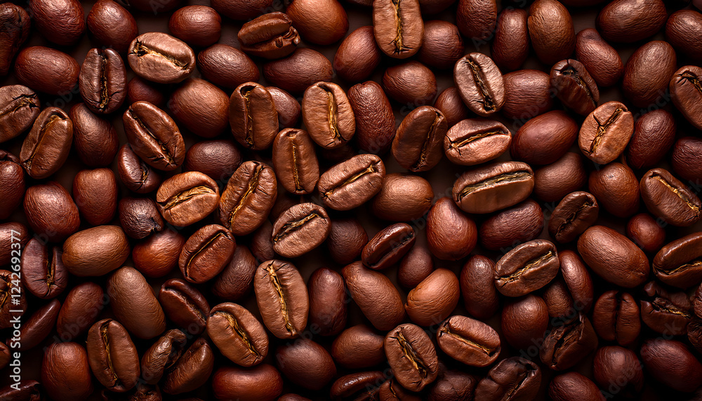 Fototapeta premium Close-up of a densely packed coffee bean surface, showcasing deep color and rich texture