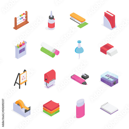 A collection of colorful, isometric school and office supplies icons