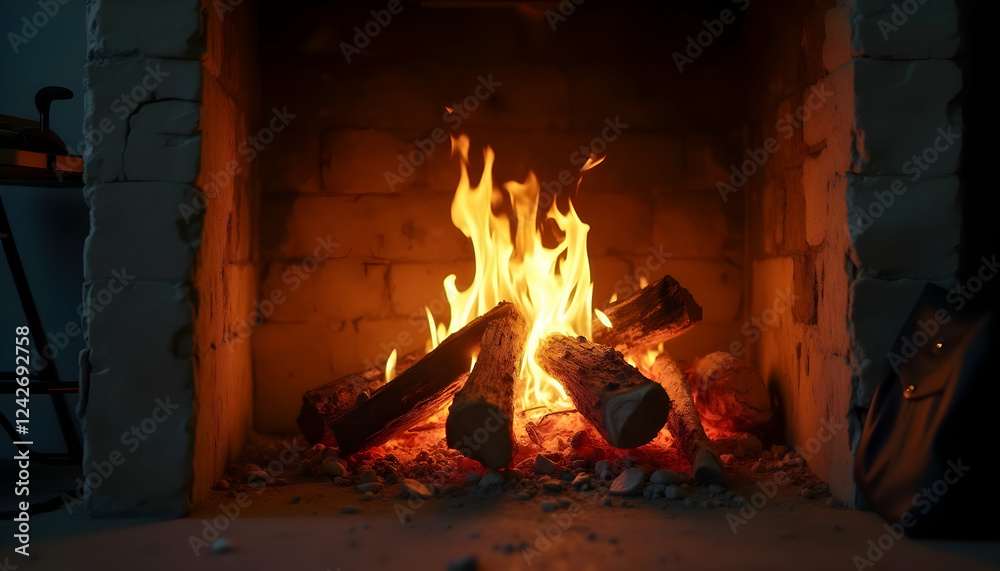 Cozy Fireplace Scene with Burning Wood and Warm Flames Cozy Fireplace Scene with Burning Wood and Warm Flames
