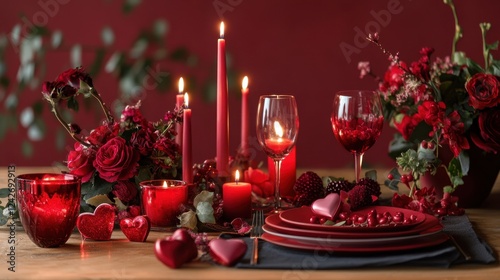 Romantic red candles and wine glasses create a celebratory atmosphere