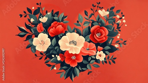 A vibrant floral bouquet of red roses, poppies, and hearts celebrates love and beauty