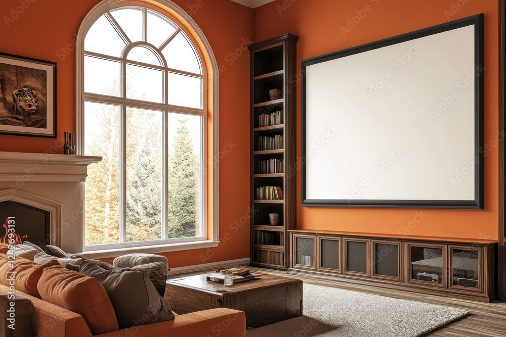 Fototapeta premium Autumnal living room with large blank screen, fireplace, bookshelves, and forest view