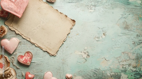 Valentine mockup card and heart background minimal. Romantic Sentiments and Textures Antique Note with Roses and Hearts on Textured Teal Backdrop.