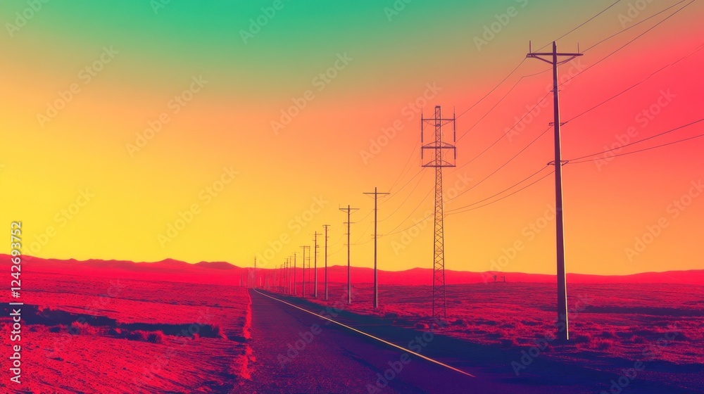 Vibrant sunset over a desert highway with power lines. Vibrant sunset over a desert highway with power lines.