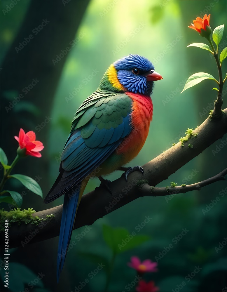 Naklejka premium Vibrant Colorful Bird Perched in Lush Forest
