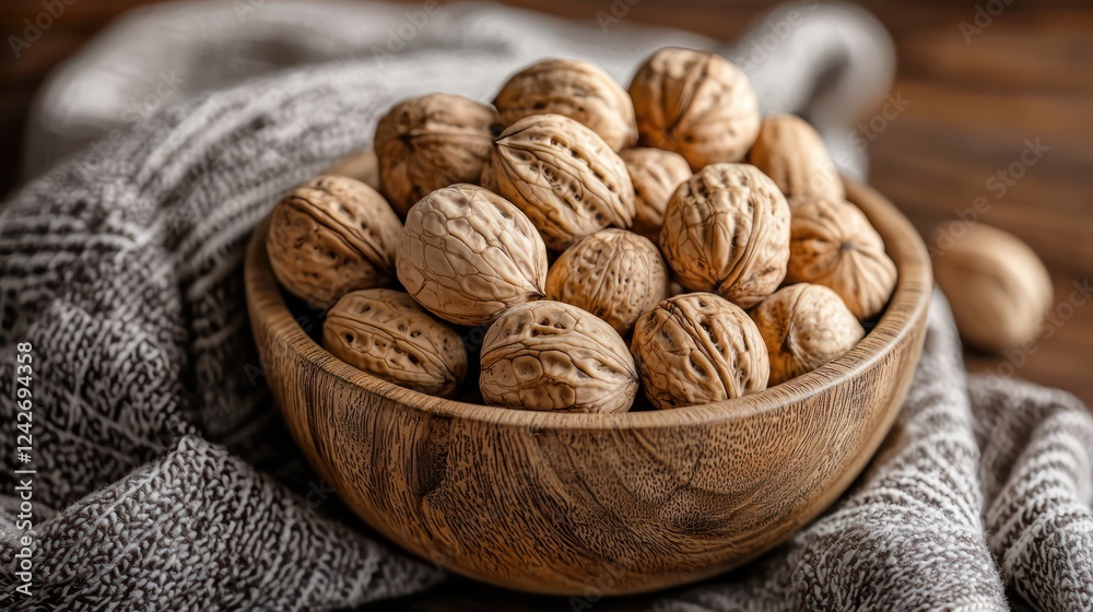 A wooden bowl filled with whole walnuts on a textured cloth background. A wooden bowl filled with whole walnuts on a textured cloth background.