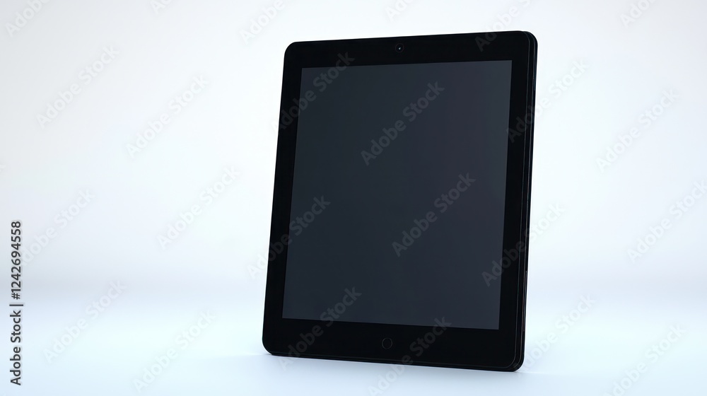 3D rendering of a sleek black tablet with a blank screen, shown on a white surface from a low angle. 3D rendering of a sleek black tablet with a blank screen, shown on a white surface from a low angle.