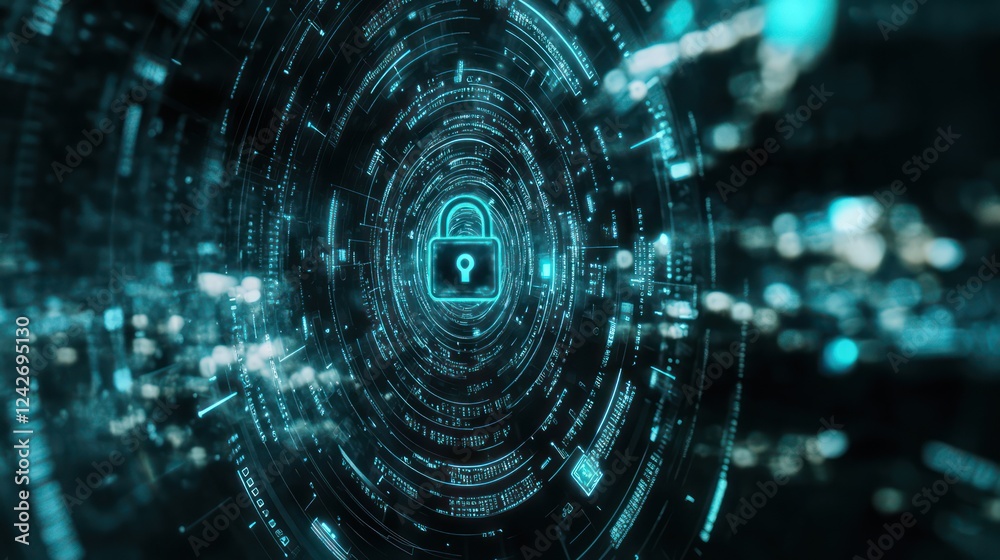 Obraz premium Cybersecurity concept with a holographic lock symbol, surrounded by floating digital codes and encrypted data streams