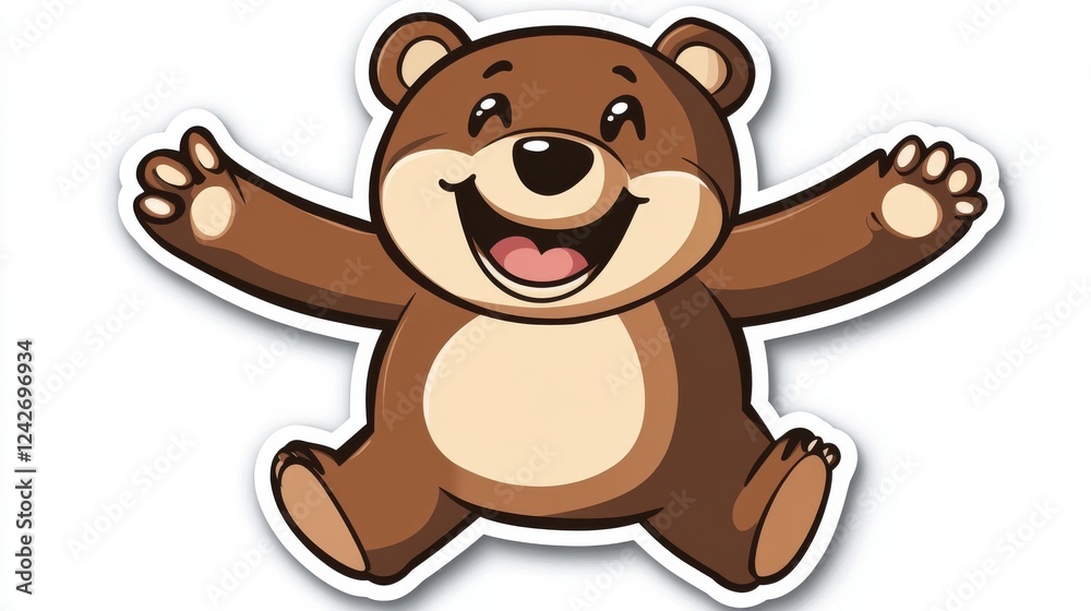 Obraz premium Happy cartoon bear welcoming, isolated on white, for children's book illustration or sticker design