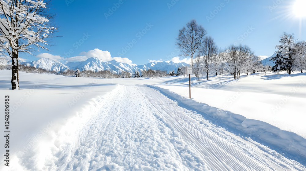 Snowy path, winter mountains, clear sky, nature scene, travel postcard Snowy path, winter mountains, clear sky, nature scene, travel postcard