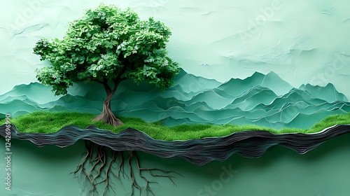 Green tree, roots, paper landscape, mountain background, eco concept