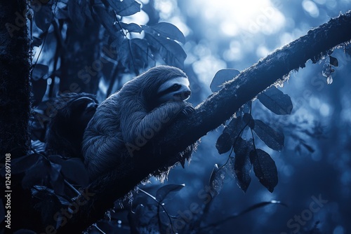 Two sloths resting on a tree branch at night, bathed in moonlight, showcasing their serene nature and the beauty of the rainforest. photo