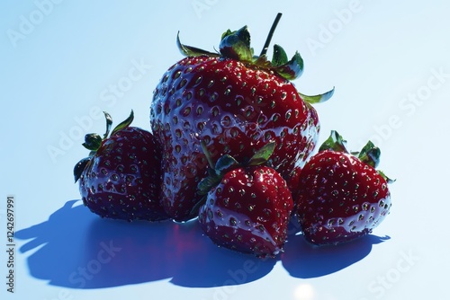 Four glossy strawberries arranged on a light blue background, illuminated by sunlight. photo