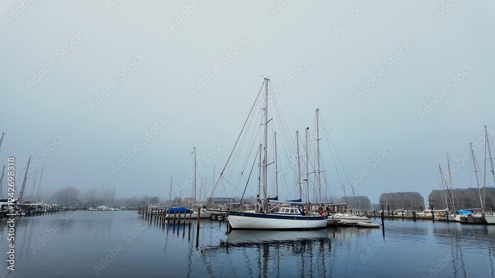 On a cloudy day, yachts with their masts outstretched stand still in a small pleasure boat harbor. Scandinavia Denmark. On a cloudy day, yachts with their masts outstretched stand still in a small pleasure boat harbor. Scandinavia Denmark.