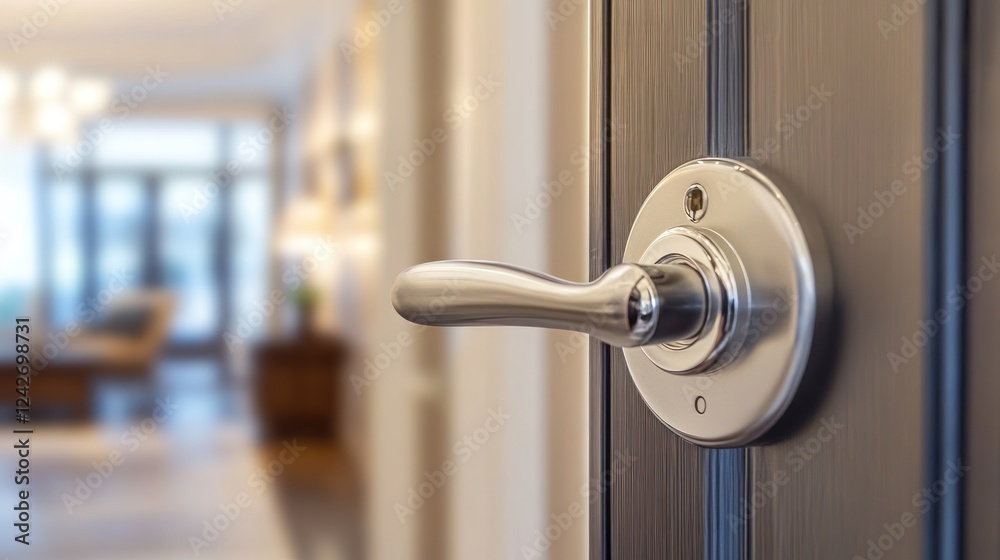 Modern silver door handle on a dark gray interior door, blurred living room background. Modern silver door handle on a dark gray interior door, blurred living room background.