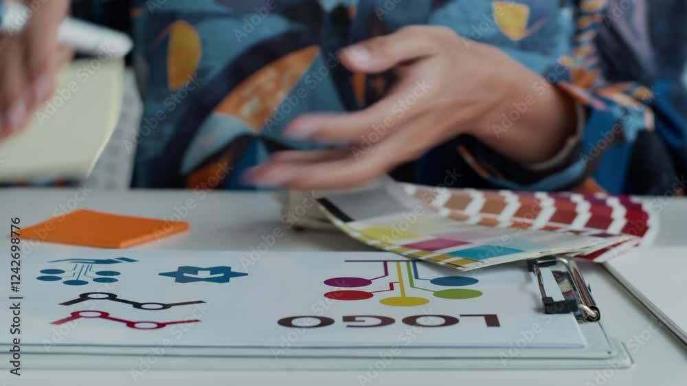 Close up shot of hands of unrecognizable female designer reviewing color swatches and sketches for vibrant logo design at well-organized desk in creative workspace