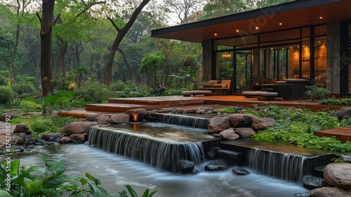 Modern home's tranquil garden waterfall, evening photo