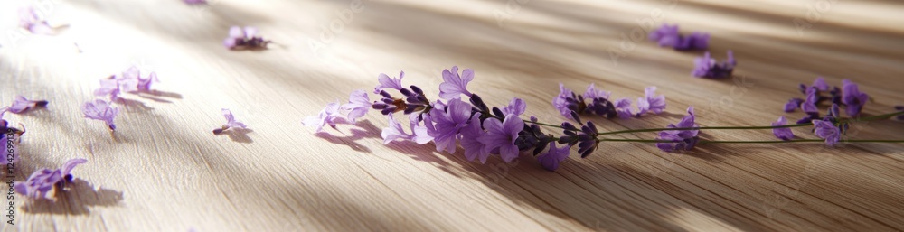 Lavender sprigs scattered on light wood, sunlit. Lavender sprigs scattered on light wood, sunlit.