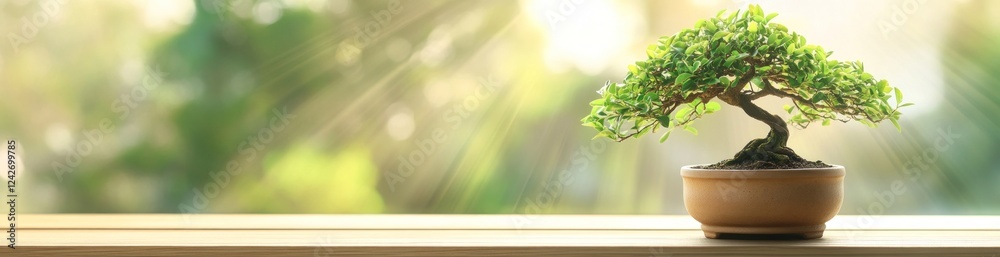Small bonsai tree in a terracotta pot on a windowsill, bathed in sunlight against a blurred green background. Small bonsai tree in a terracotta pot on a windowsill, bathed in sunlight against a blurred green background.
