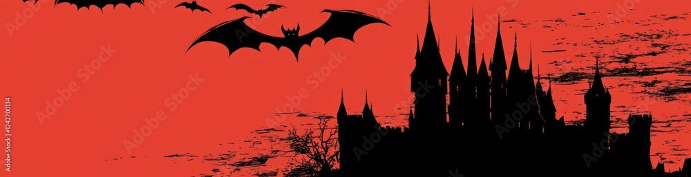 Bats flying over a spooky silhouette castle at sunset. Bats flying over a spooky silhouette castle at sunset.