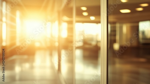 Abstract blurred image of a modern office corridor illuminated by bright ceiling lights, conveying work atmosphere