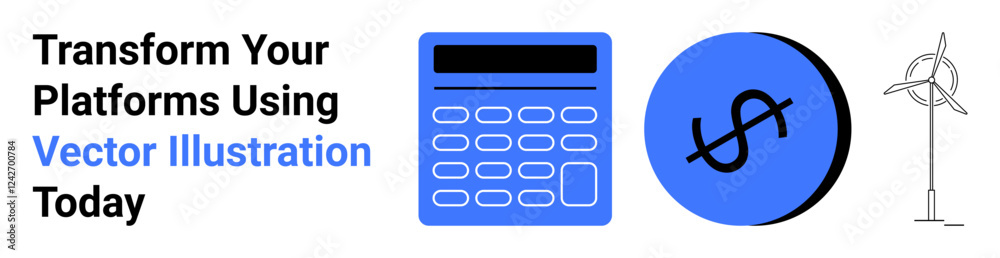 Calculator, dollar sign, and wind turbine elements emphasizing technology, finance, sustainability, and modern design. Ideal for tech, finance, renewable energy analytics eco-friendliness business Calculator, dollar sign, and wind turbine elements emphasizing technology, finance, sustainability, and modern design. Ideal for tech, finance, renewable energy analytics eco-friendliness business