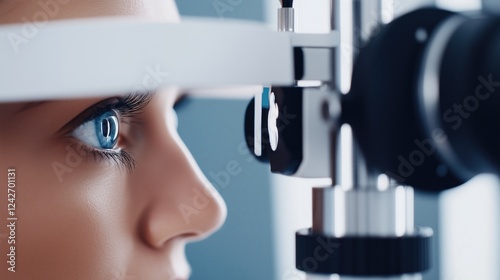 Close-up of a patient's eye during an eye examination with modern equipment. Laser vision correction, eye microsurgery.