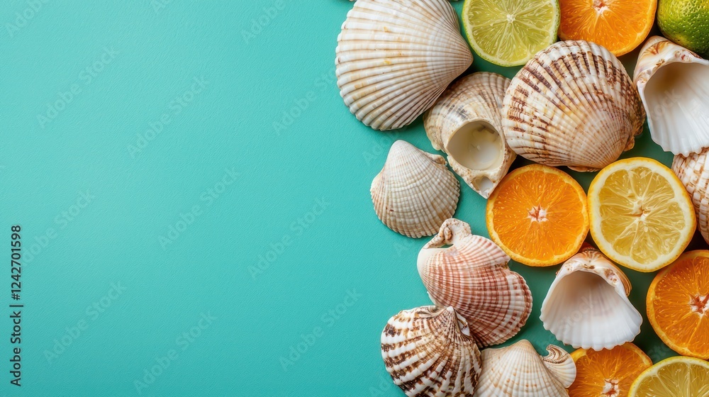 A vibrant arrangement of seashells and citrus fruits on a teal background.