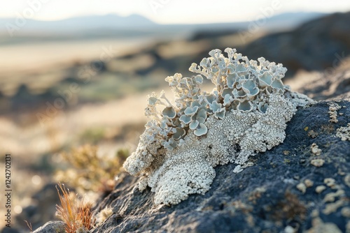 A vibrant lichen thrives on a dark rock against a blurred mountain backdrop, showcasing its unique texture and colors. photo