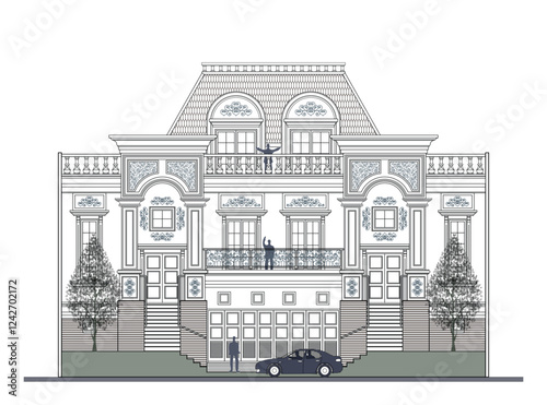 Facade of 3 storeys symmetrical modern classic house with 3 doors, 6 windows, 4 columns, balustrade, frames, decoration, stairs, crowns, garage, canopy, trapezoidal roof and its elements design.