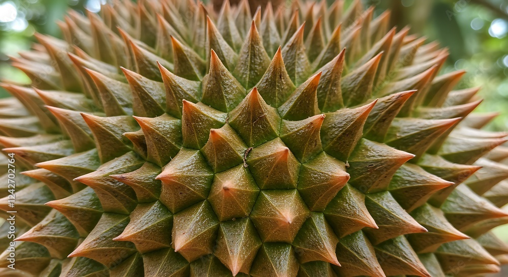 A close-up of durian spikes, showing their sharp, triangular shape. A close-up of durian spikes, showing their sharp, triangular shape.
