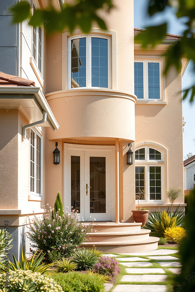 Obraz premium Elegant Modern Home Exterior: Luxury Real Estate Design with Landscaping and Curved Architecture