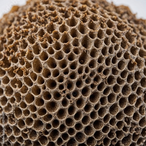 A detailed close-up of a morel mushroom, showing its honeycomb texture on a white background. photo