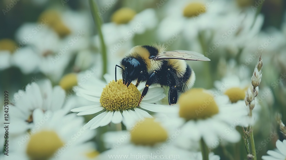 Bumblebee pollinating daisy in meadow, blurred background Bumblebee pollinating daisy in meadow, blurred background