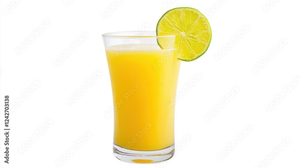 Glass of Yellow Citrus Juice with Lime Garnish Glass of Yellow Citrus Juice with Lime Garnish