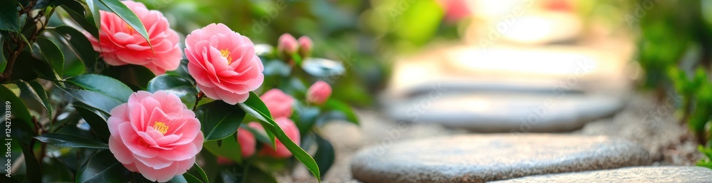 Pink camellia flowers bloom beside a stone pathway in a garden. Pink camellia flowers bloom beside a stone pathway in a garden.