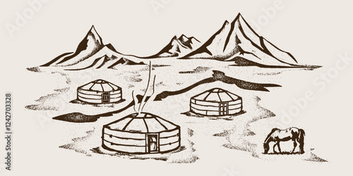 Yurt - nomad's dwelling, horse grazing, life in Central Asia, sketch on a white background, vector illustration