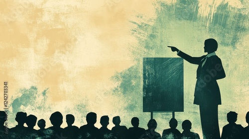 A teacher's silhouette pointing at a blackboard, with students attentively sitting below,
