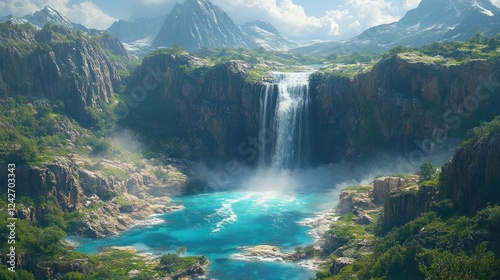 Majestic waterfall cascading into turquoise lake, mountainous backdrop, scenic landscape, game background