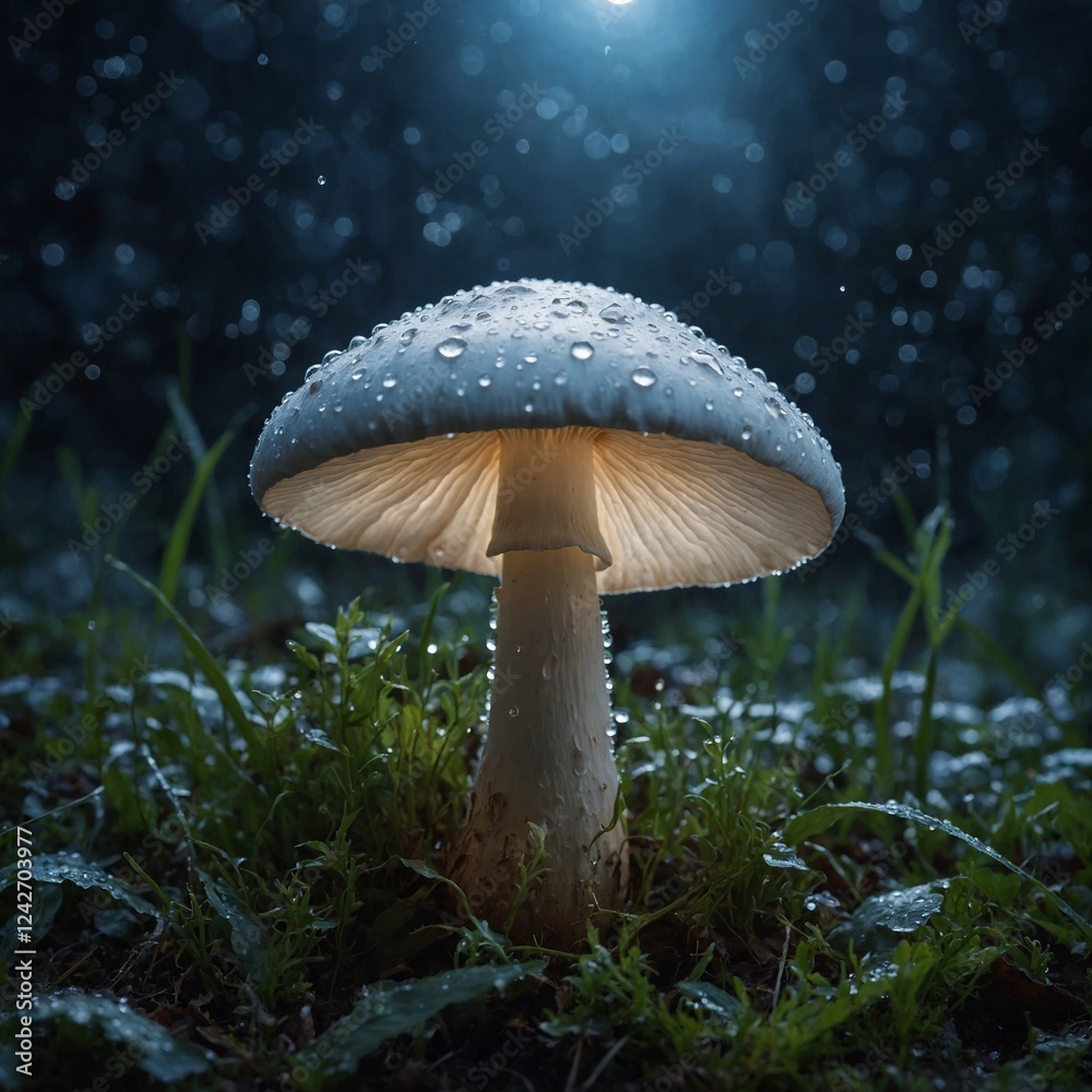 Fototapeta premium A radiant white mushroom under moonlight, surrounded by dewdrops.